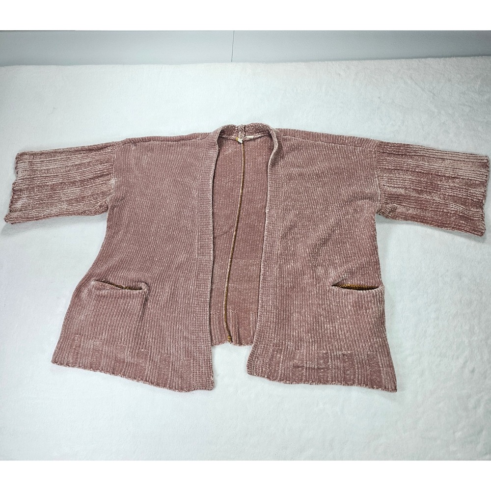 Moth Anthropologie Pink Chenille Ribbed Open Front Cardigan Sweater Large Pocket